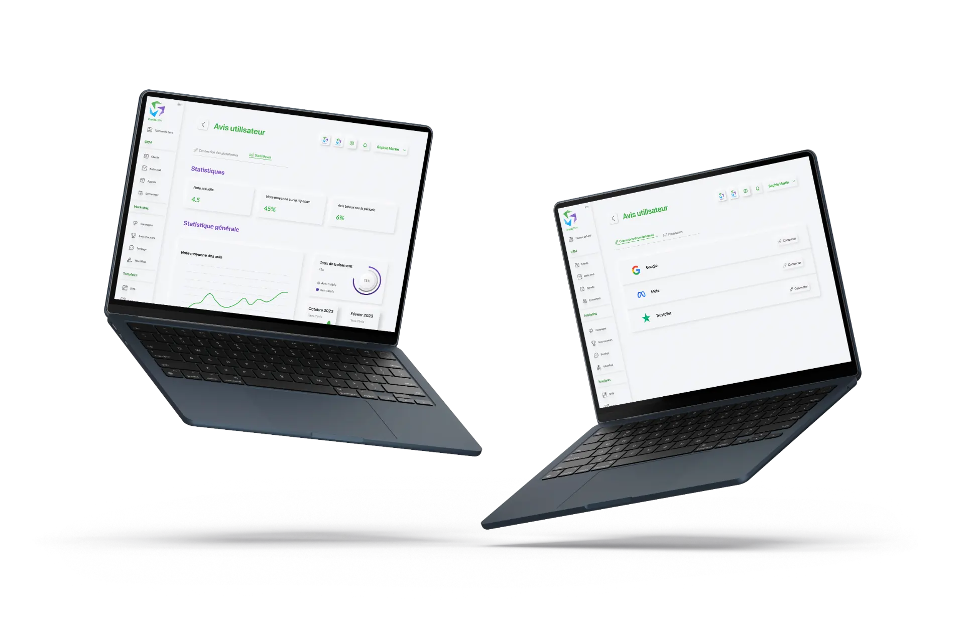Écran Avis utilisateur de RapidoCRM : connexion des plateformes d'avis et suivi des avis traités.