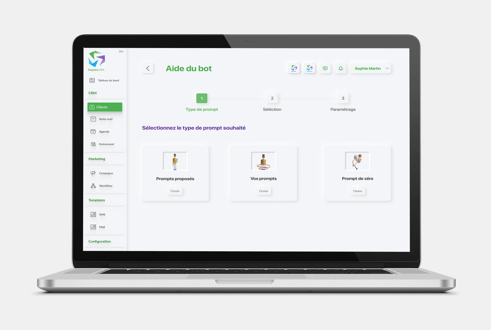 Écran Aide du bot de RapidoCRM en trois étapes : type de prompt, sélection, paramétrage.
