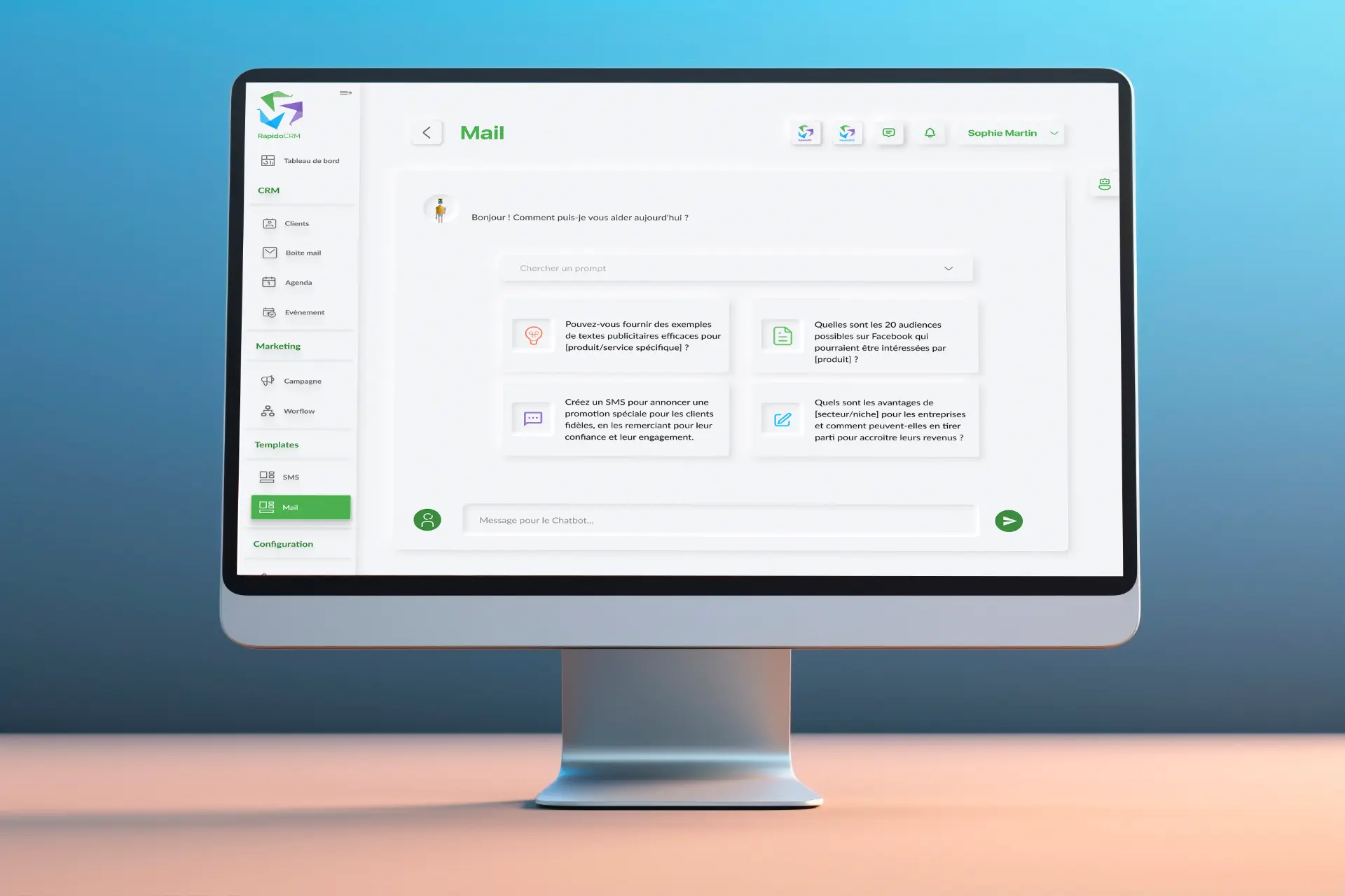 Assistant intégré de RapidoCRM sur l'écran Mail, avec des demandes prêtes à l'emploi et un champ de message.