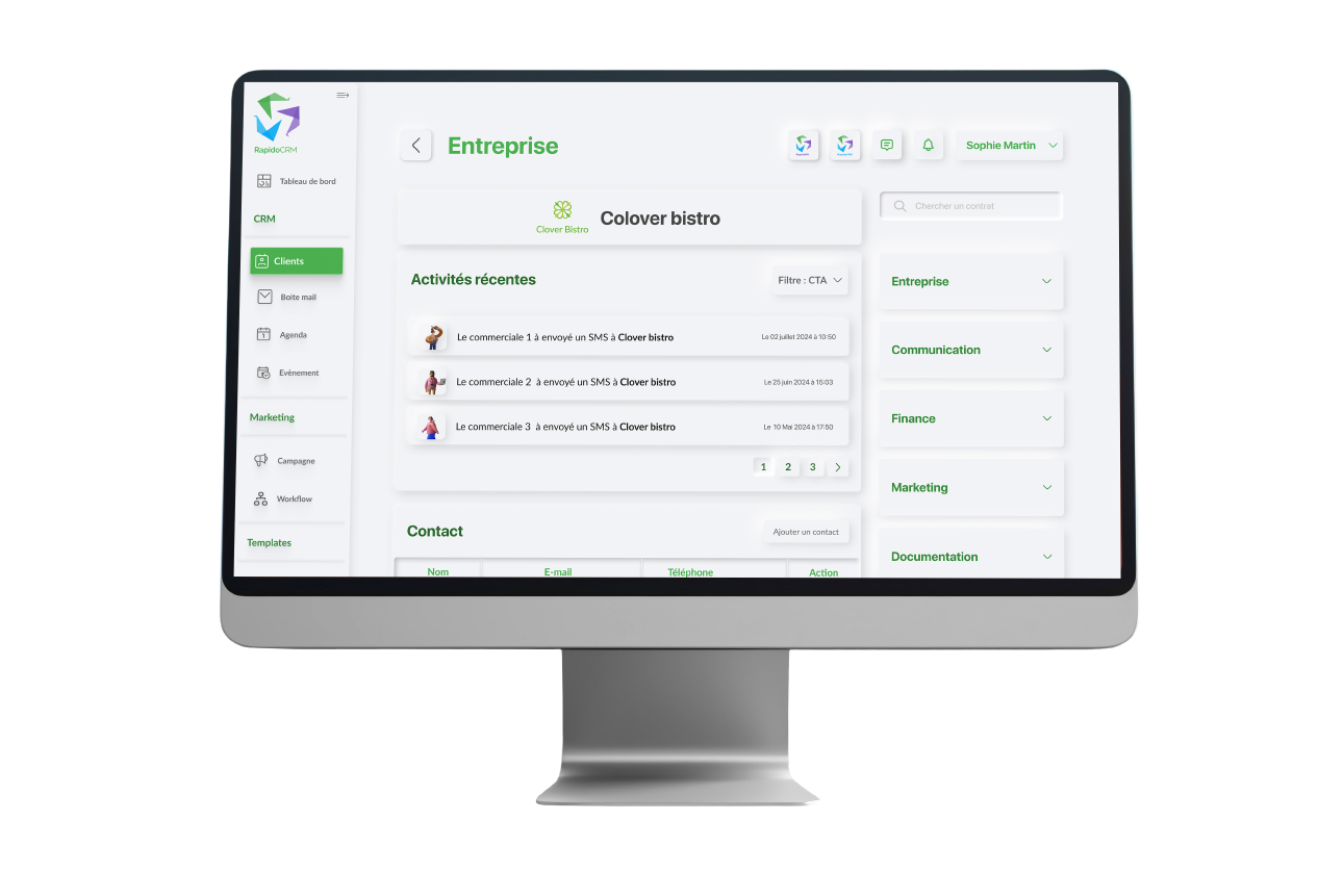 Fiche entreprise de RapidoCRM : activités récentes, contacts et blocs entreprise, communication, finance, marketing.