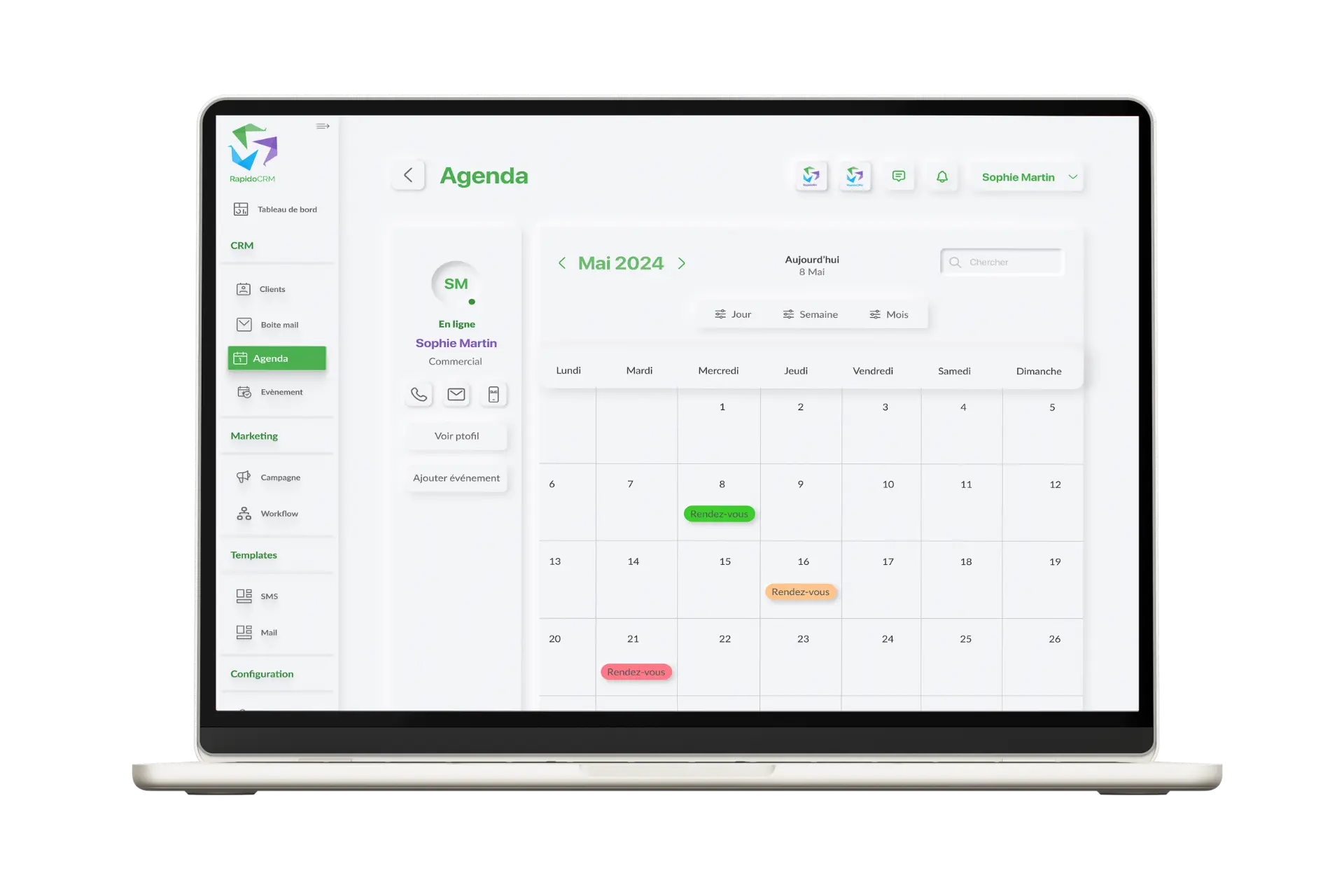 Agenda de RapidoCRM en vue mensuelle, avec la fiche du commercial et ses rendez-vous.
