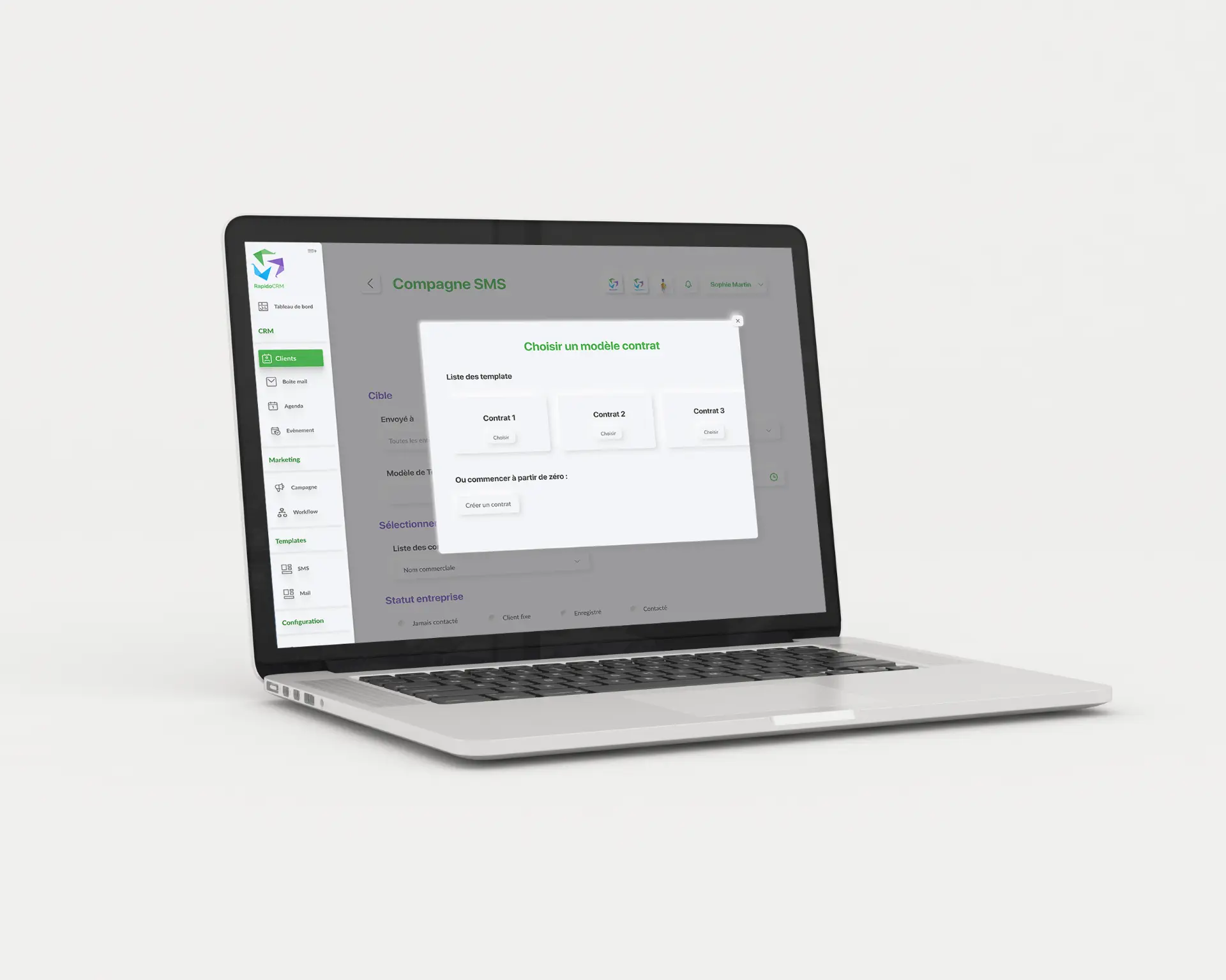 Choix d'un modèle de contrat dans RapidoCRM, ou création d'un contrat à partir de zéro.