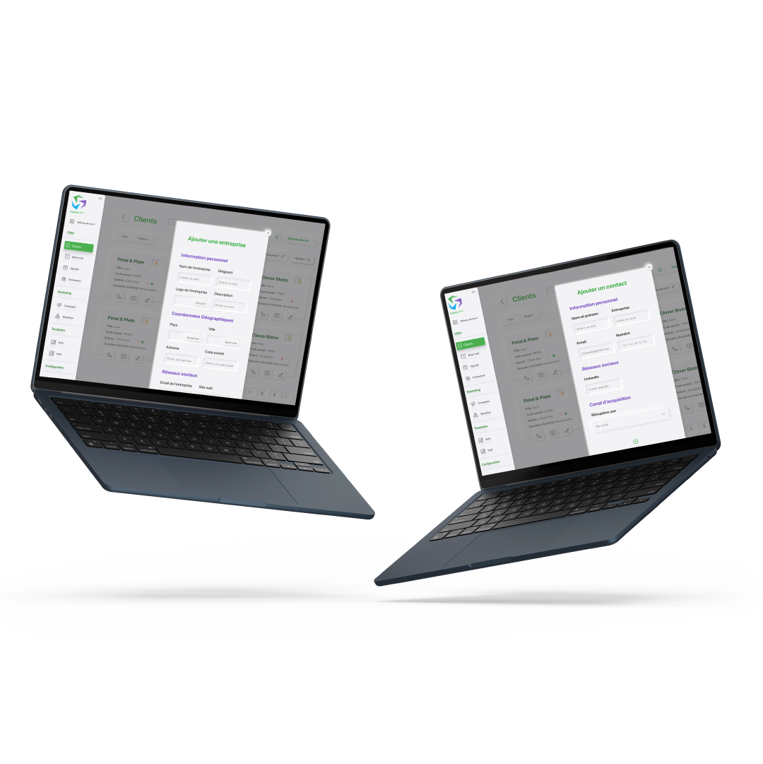 Formulaires d'ajout d'entreprise et de contact dans RapidoCRM.