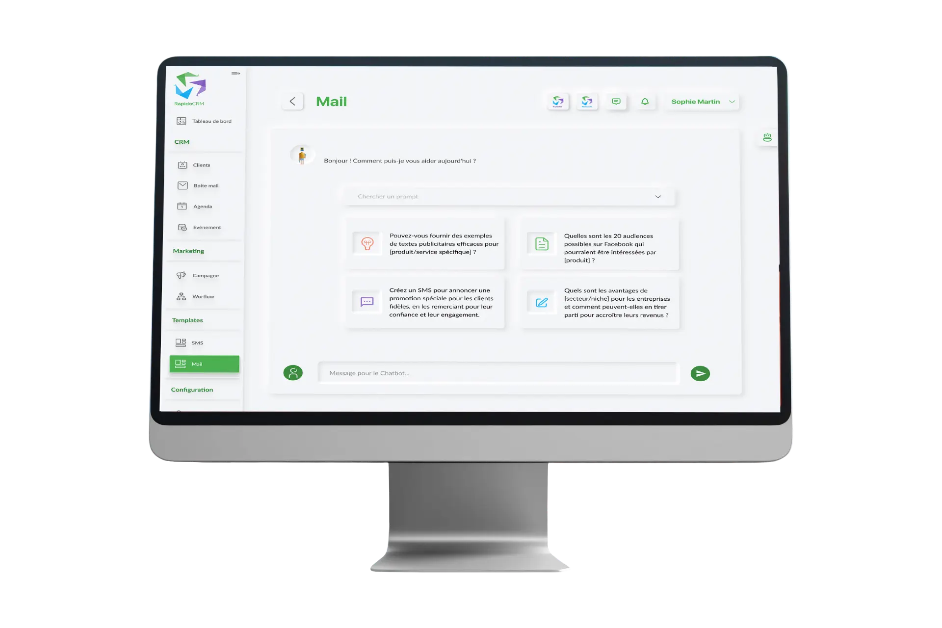 Assistant de rédaction de RapidoCRM proposant des demandes prêtes à l'emploi pour les emails et les SMS.
