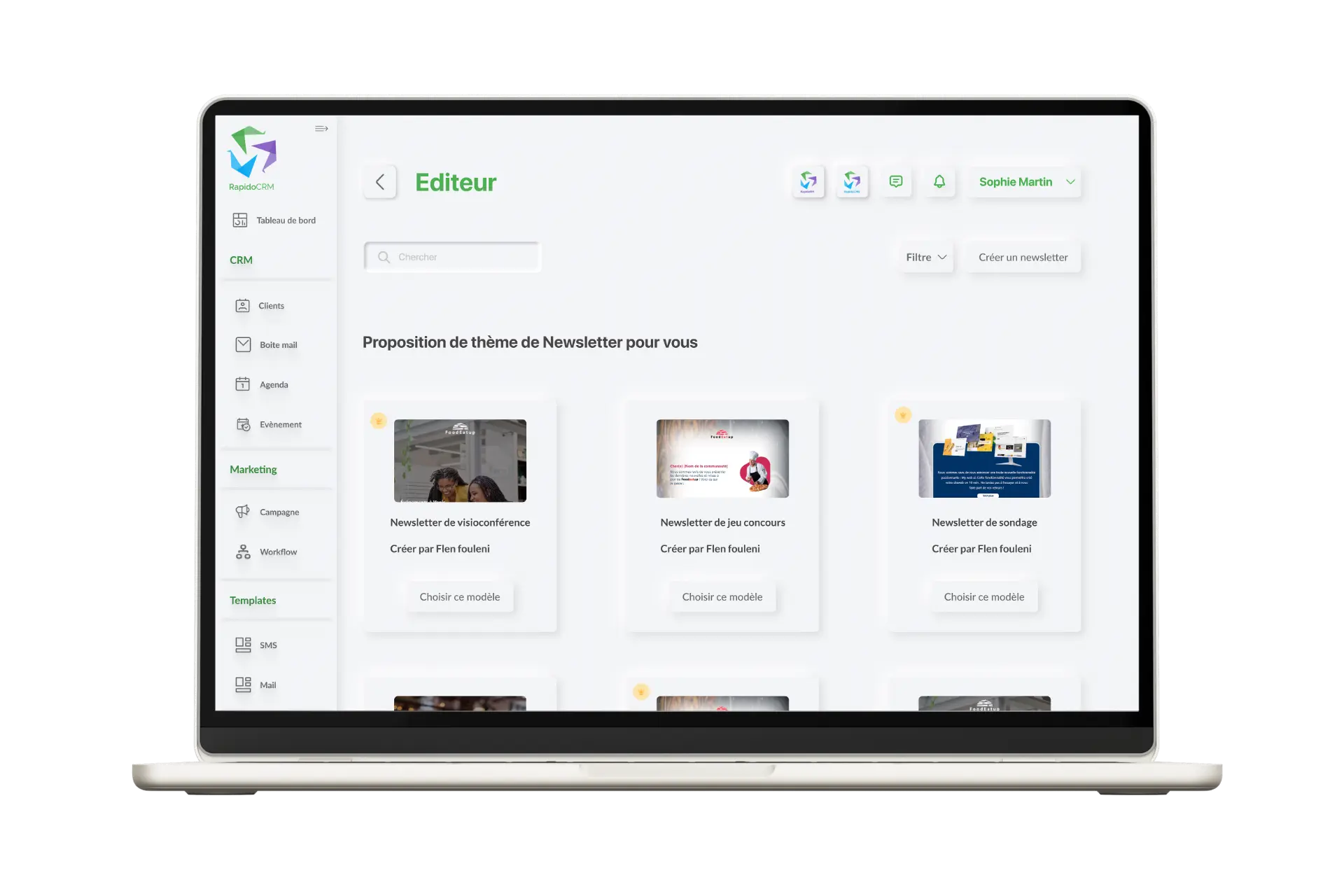 Bibliothèque de modèles de newsletters dans RapidoCRM, avec recherche et filtre.