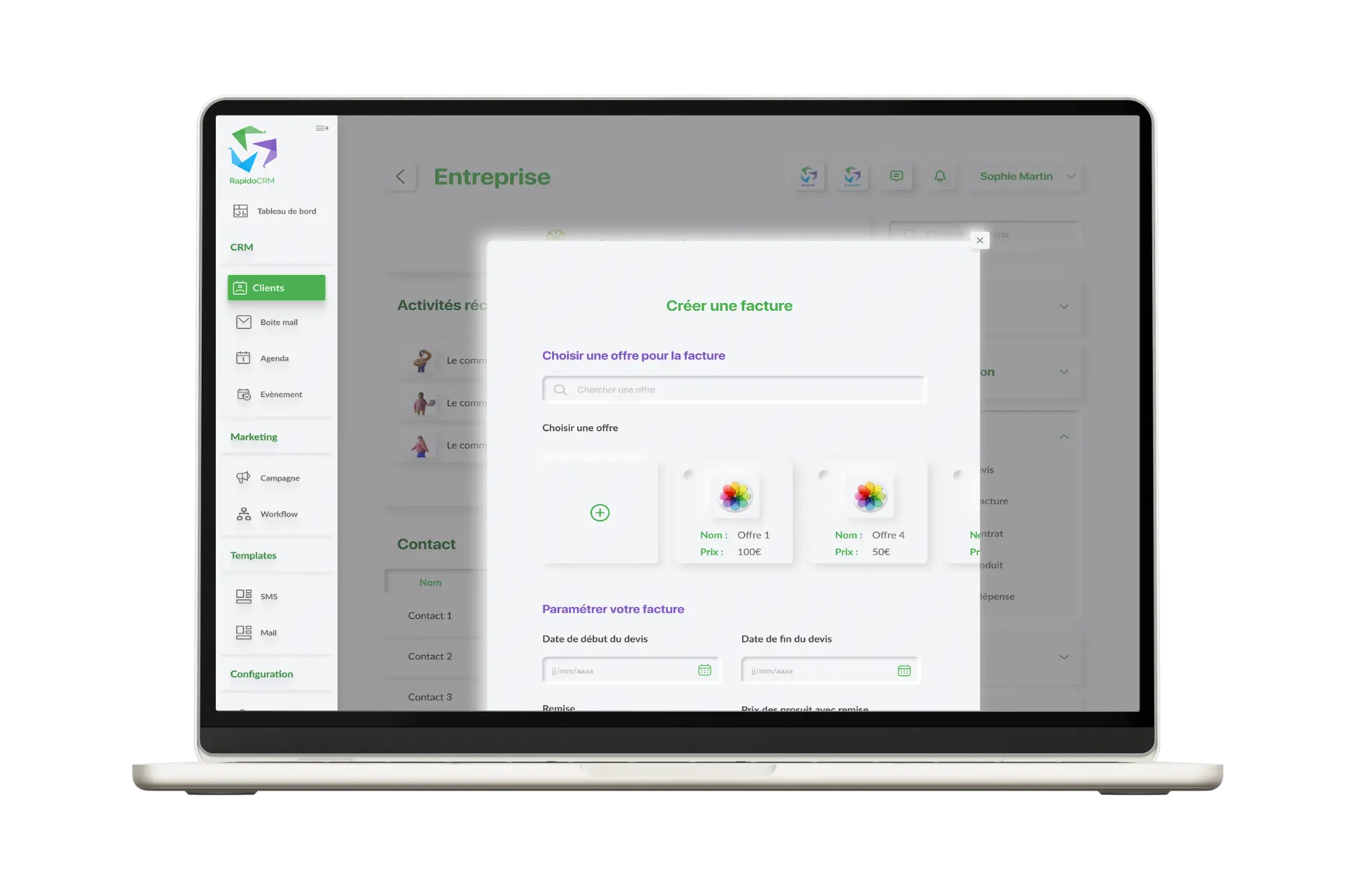 Création d'une facture dans RapidoCRM : choix de l'offre puis paramétrage des dates et de la remise.
