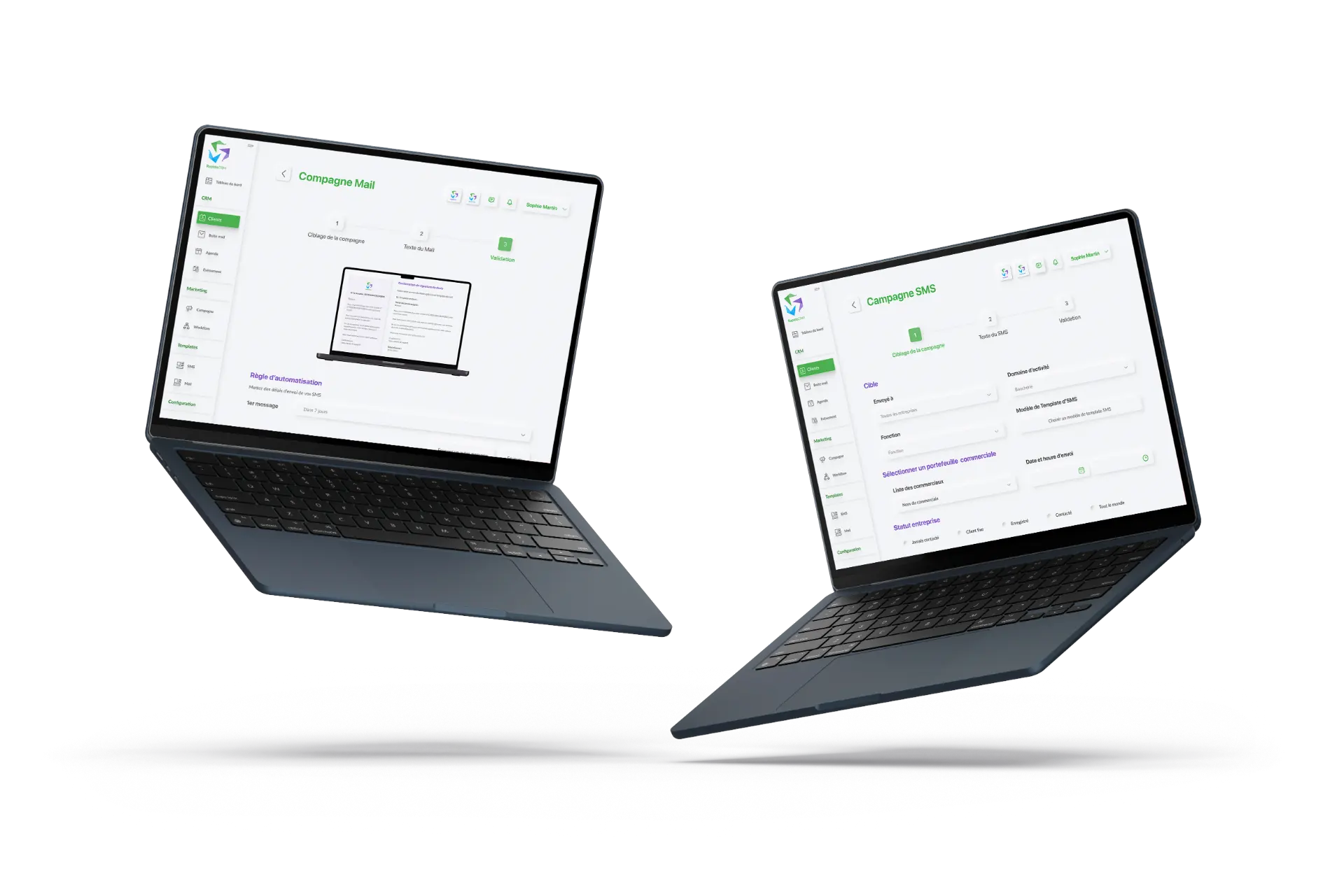 Campagnes mail et SMS de RapidoCRM : ciblage, texte du message et validation en trois étapes.
