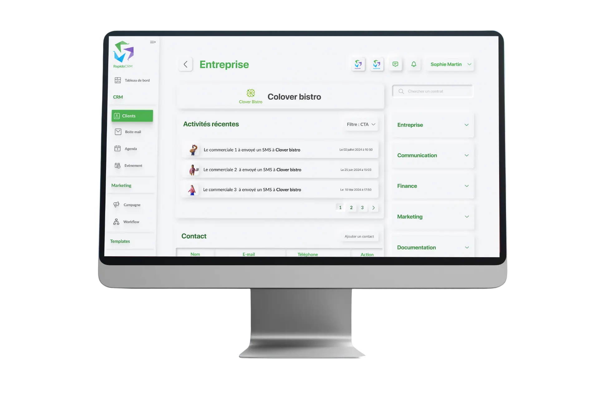 Fiche entreprise de RapidoCRM : activités récentes, contacts et blocs entreprise, communication, finance, marketing, documentation.